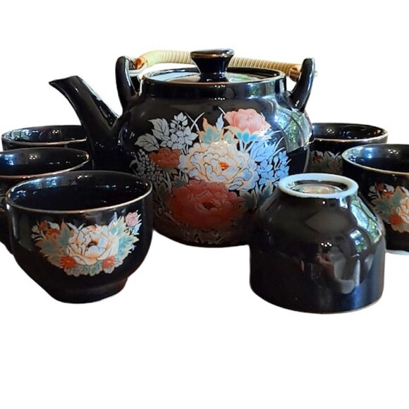 Other - RARE Vintage Japanese Shibata 9pc Tea Set; Black Enamel w/Gold Accents